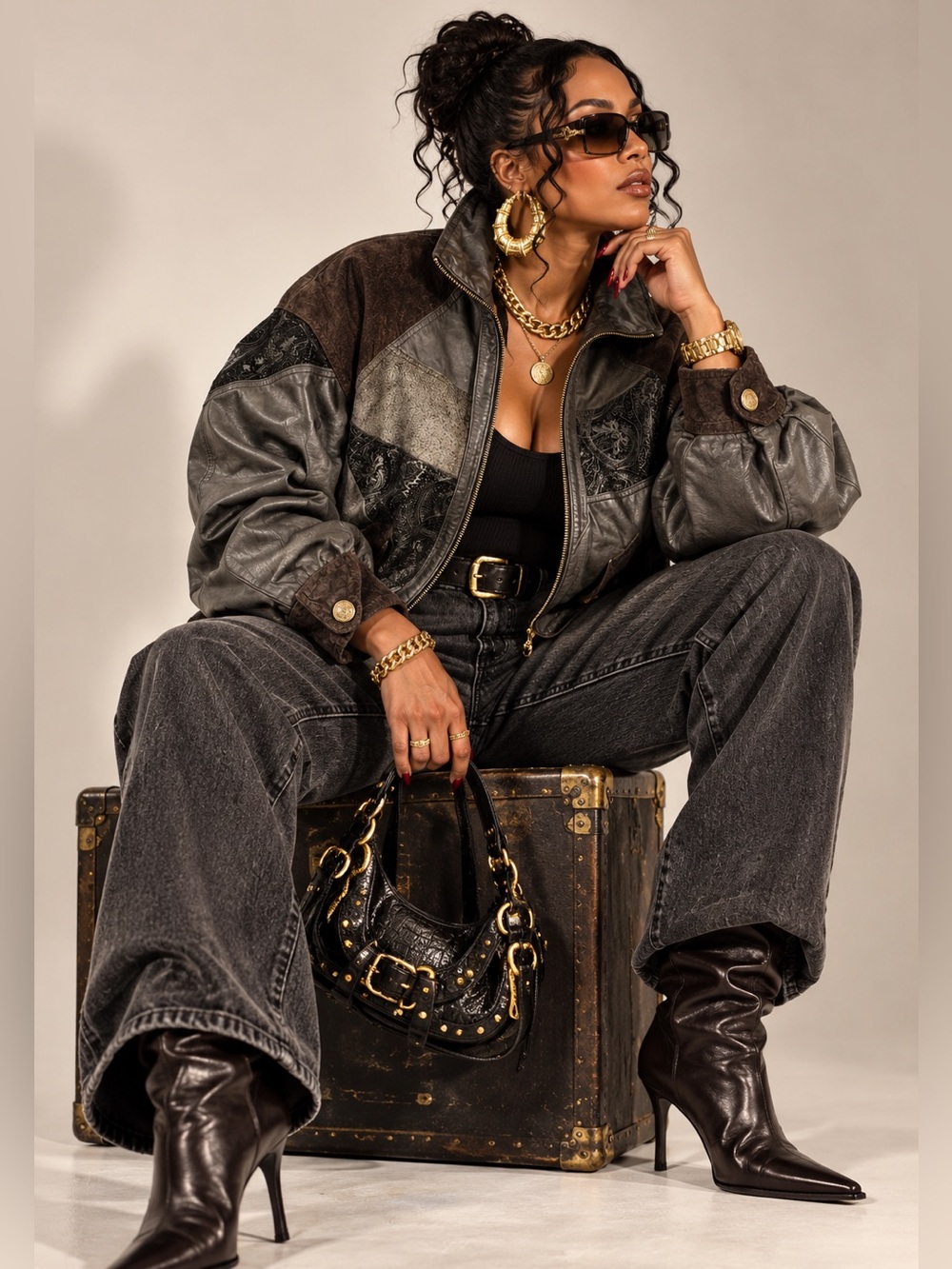 Vintages Winlit Leather Suede Bomber Jacket Womens L 80s Patchwork Batwing Coat